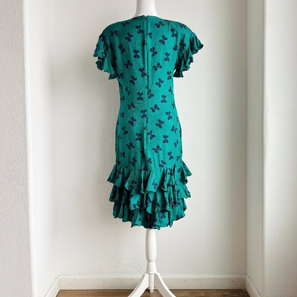 VINTAGE TEAL SILK DRESS WITH BOW PRINT - Picture 2 of 7